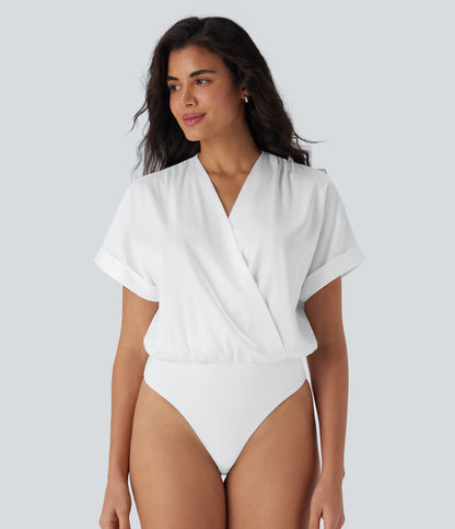 Crossover V-Neck Batwing-Sleeve Snap Satin Work Bodysuit