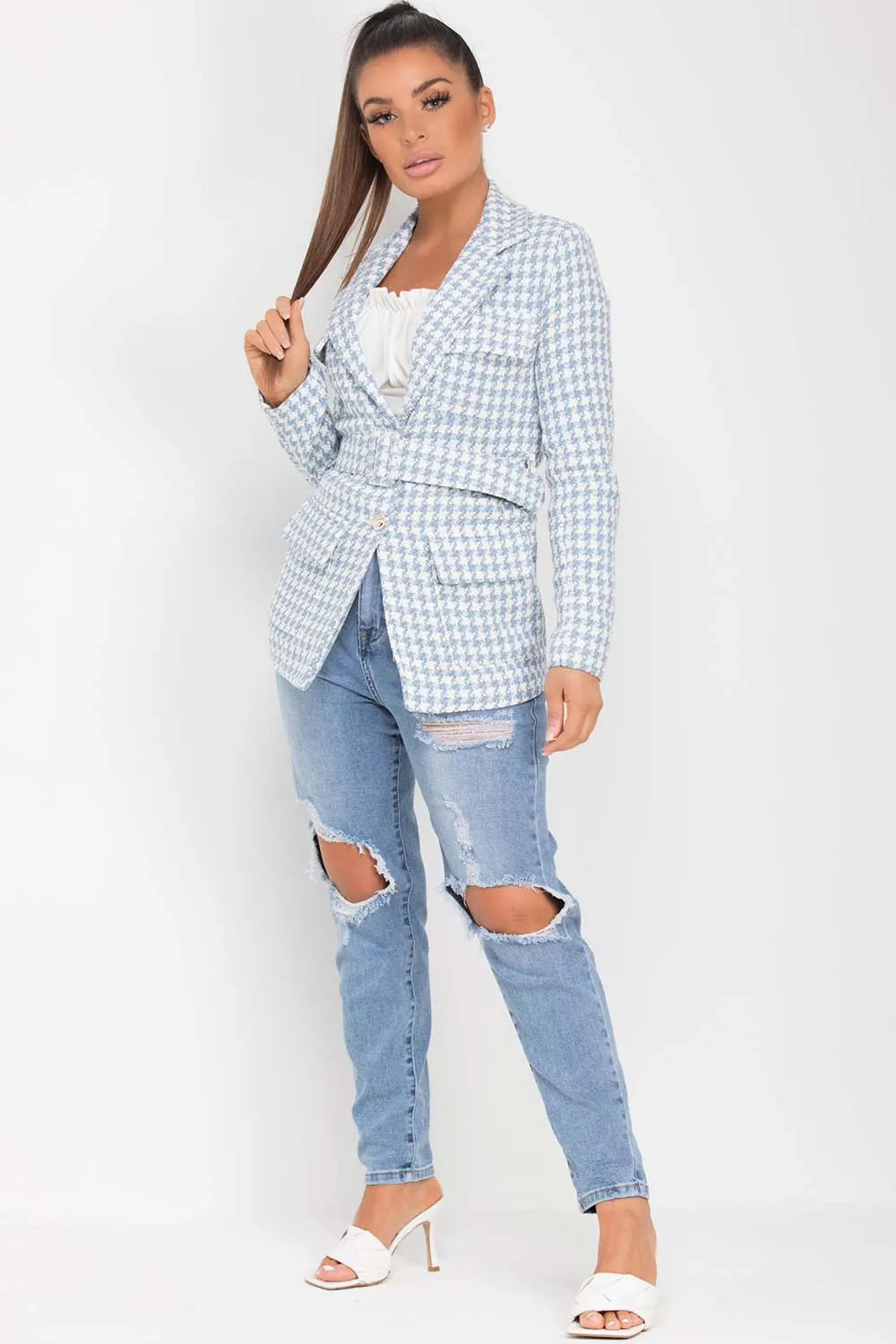 Tweed Blazer With Belt Sky Blue