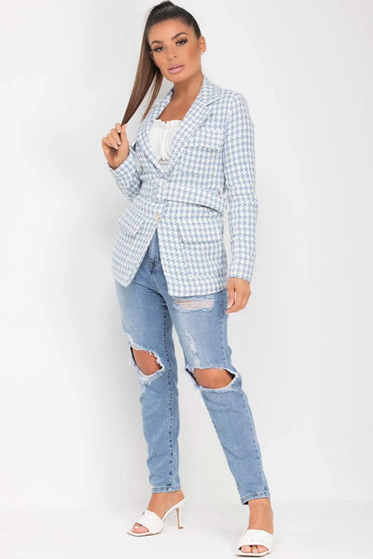 Tweed Blazer With Belt Sky Blue