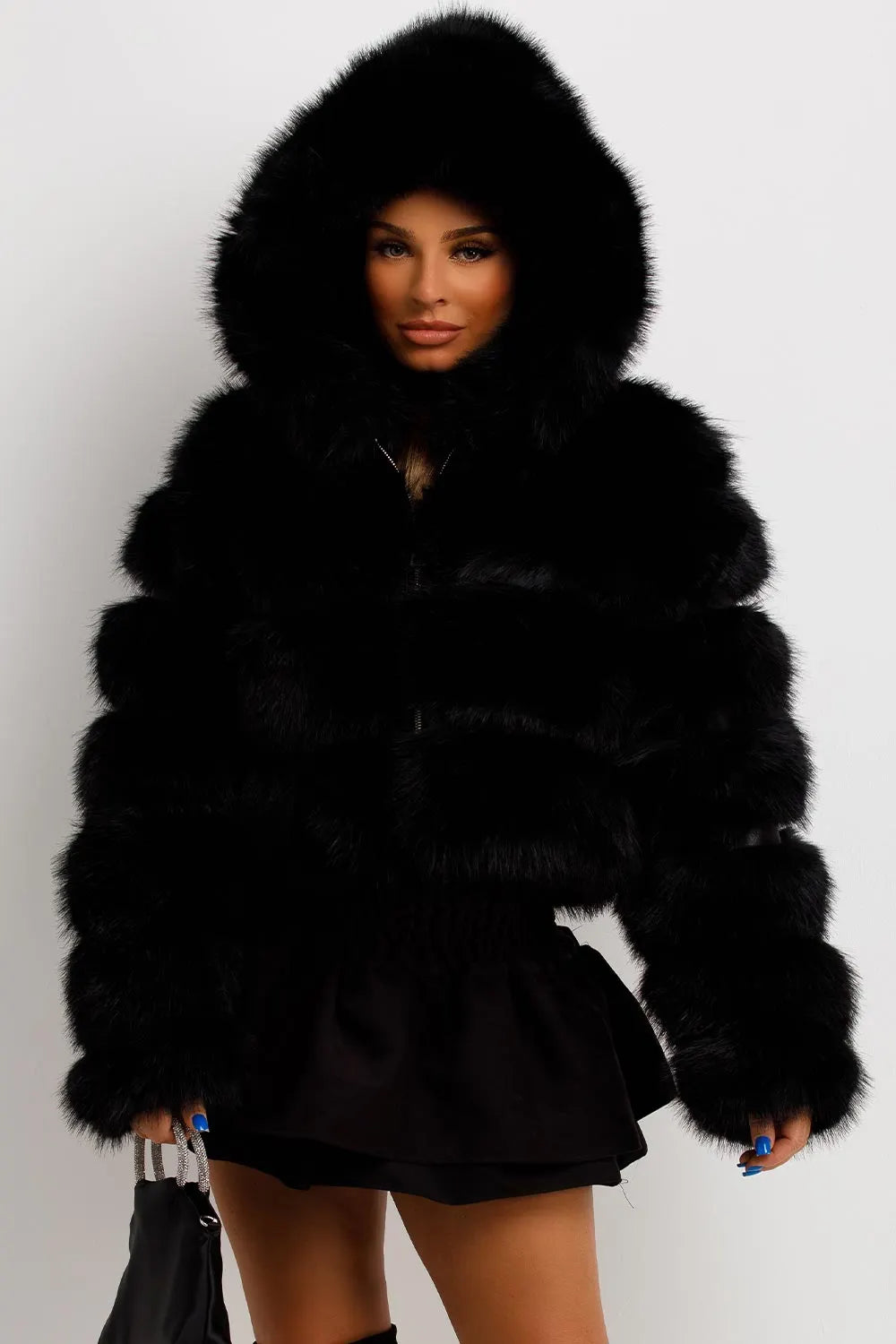 Faux Fur Coat With Hood Black