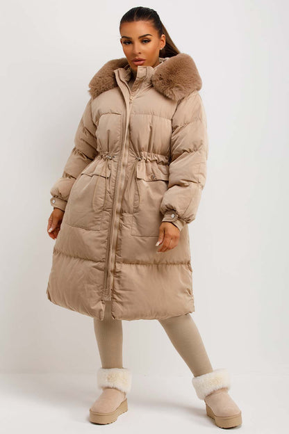 Long Puffer Coat With Faux Fur Hood And Drawstring Waist Beige