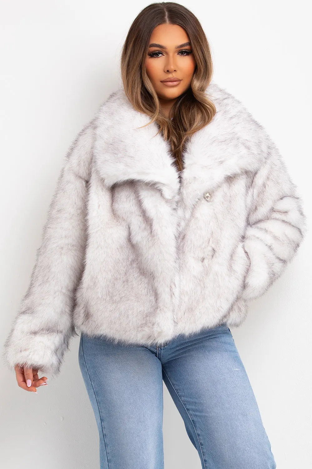 White Faux Fur Jacket With Collar