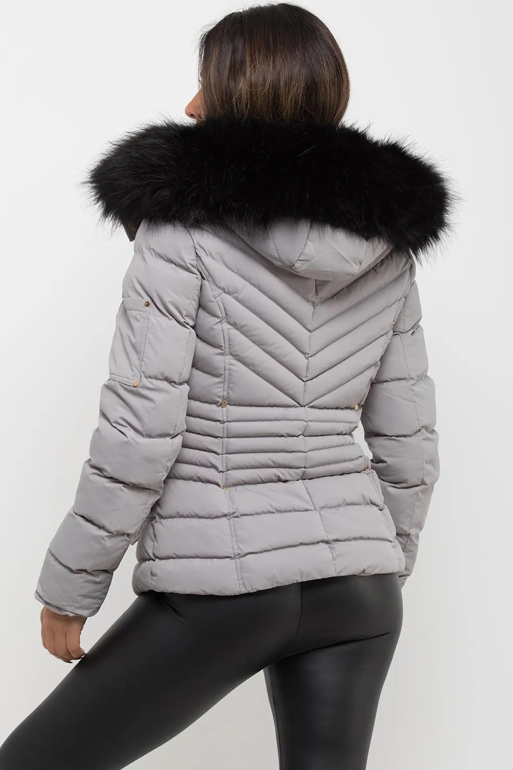 Puffer Coat With Fur Hood Grey