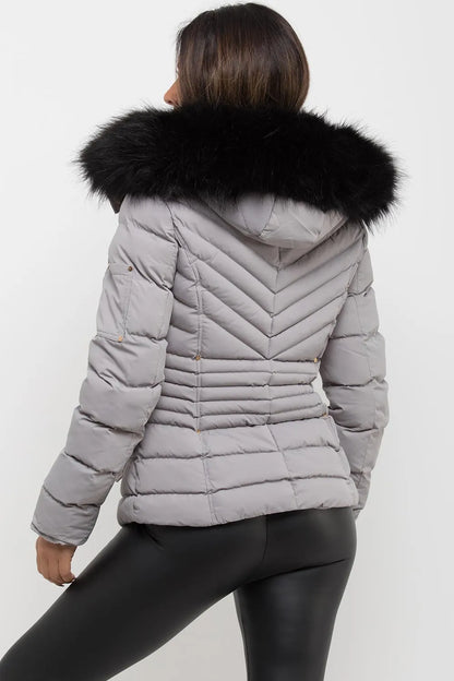 Puffer Coat With Fur Hood Grey