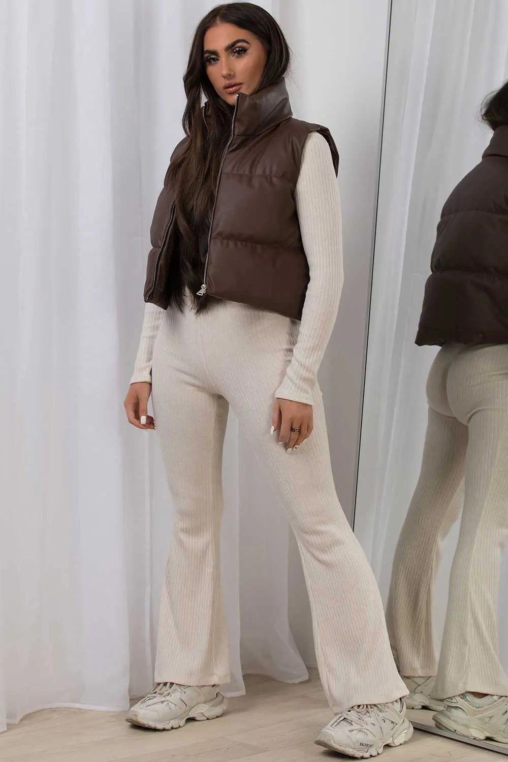 Crop Gilet In Faux Leather Brown