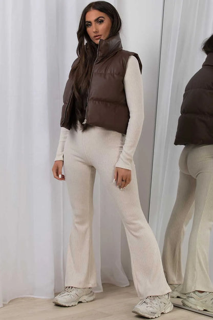 Crop Gilet In Faux Leather Brown