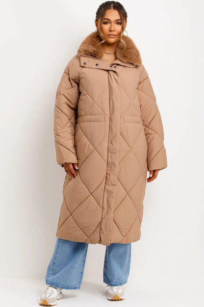 Long Puffer Quilted Coat With Fur Collar Camel