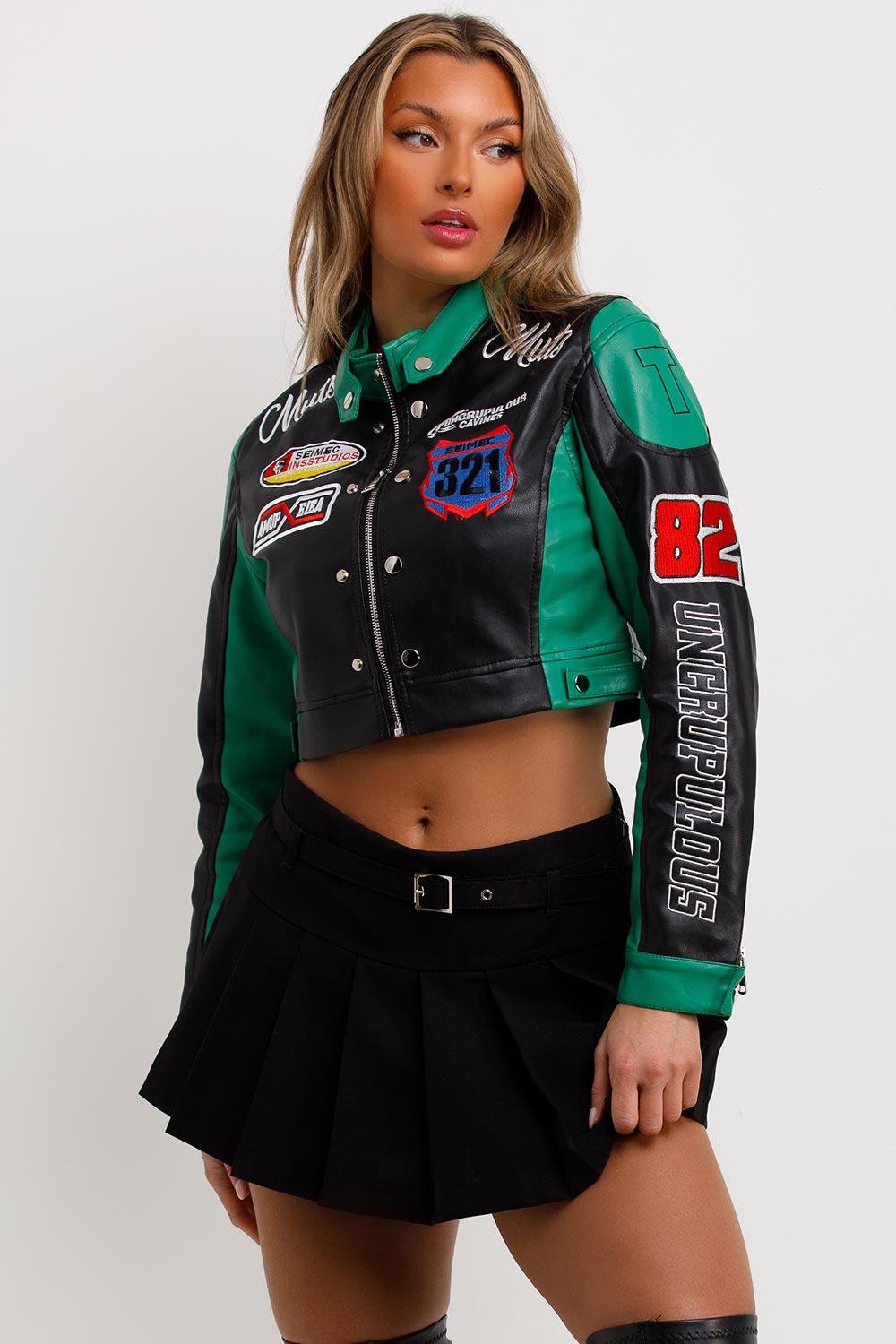 Faux Leather Racer Jacket Green