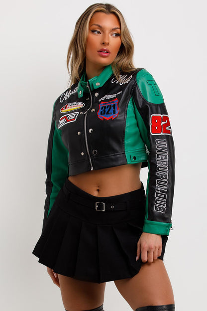 Faux Leather Racer Jacket Green