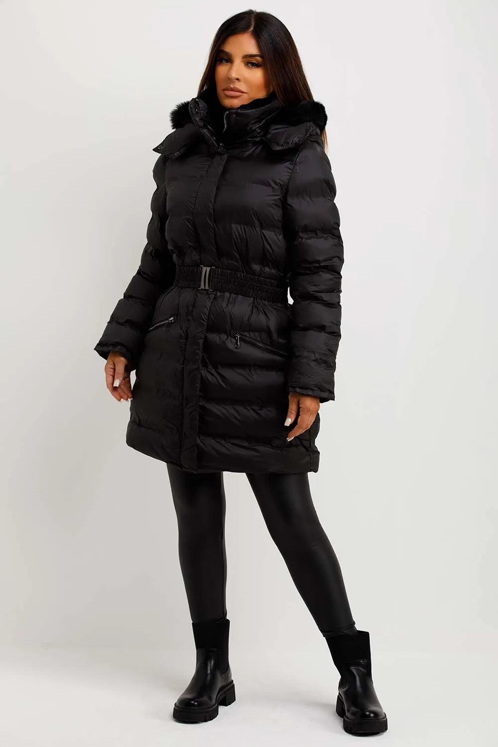 Puffer Padded Coat With Fur Hood And Belt Black