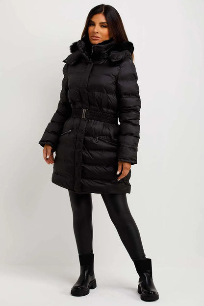 Puffer Padded Coat With Fur Hood And Belt Black