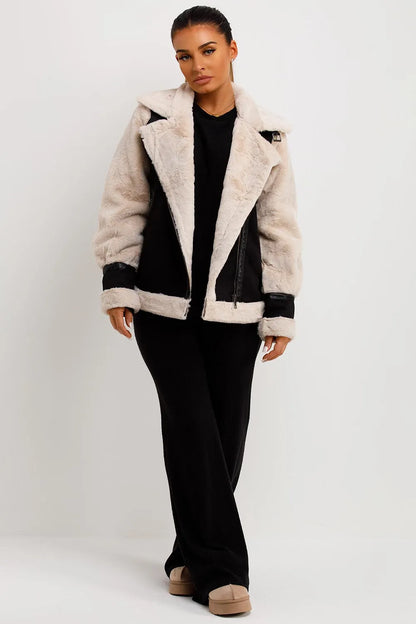 Aviator Jacket In Faux Suede With Fur Sleeves Black