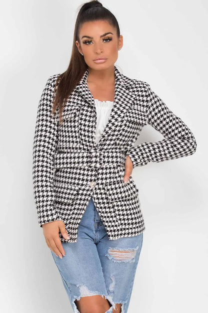 Tweed Blazer With Belt Black And White
