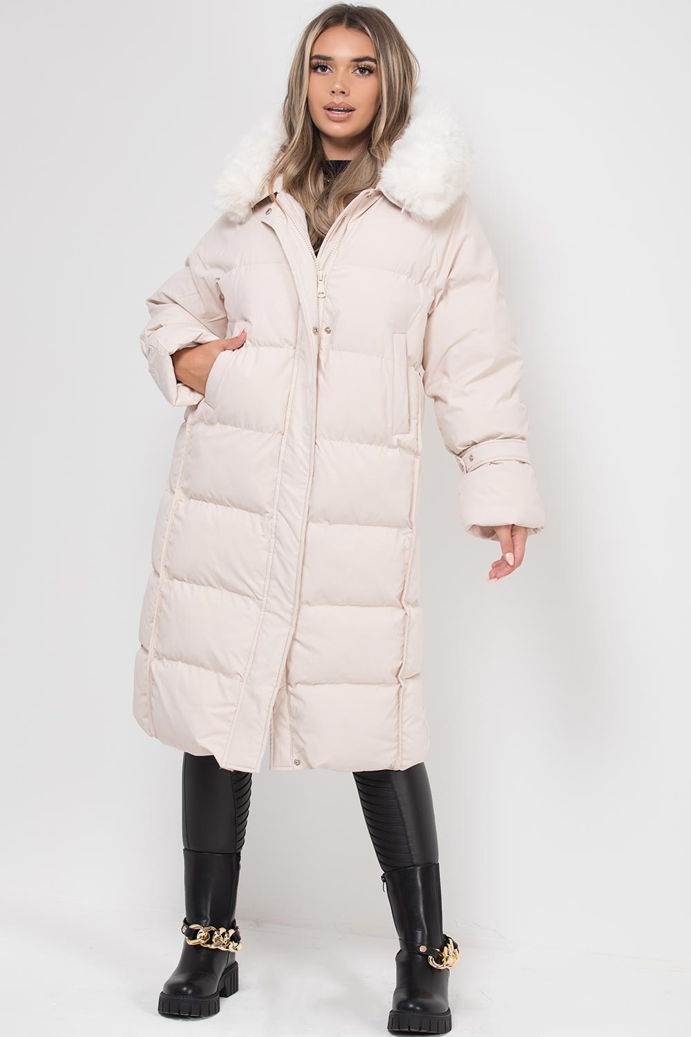 Long Puffer Down Coat With Faux Fur Hood Beige