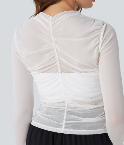 Sheer Mesh Crossover V Neck Ruched Casual Top