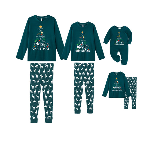 Christmas Family Matching Pajamas-Dark Green&Deer Patterned Pjs Set with "We Wish You A Merry Christmas" and Christmas Tree Print