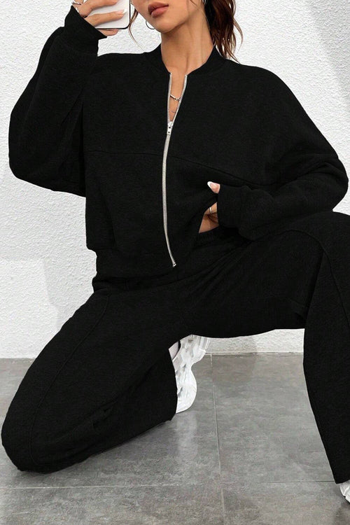 Zipper Long Sleeve Track Jacket Solid Color Wide Leg Pants Set-Black