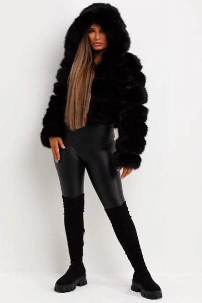 Faux Fur Coat With Hood Black