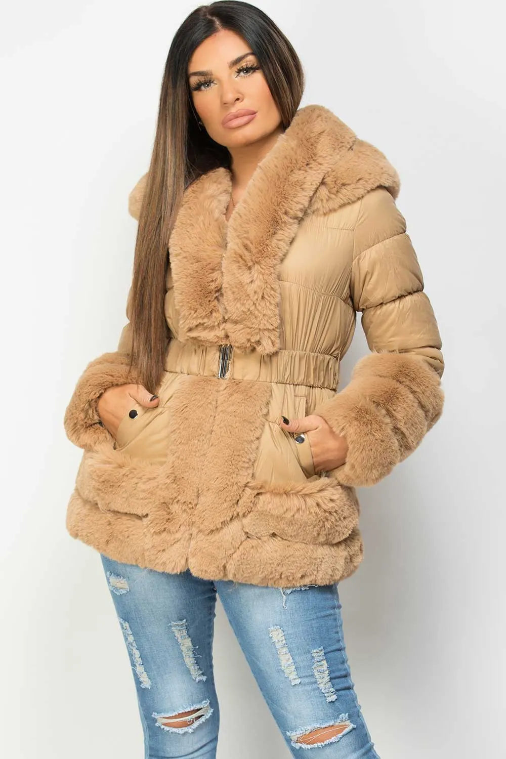 Faux Fur Trim Puffer Hooded Down Jacket With Belt Camel