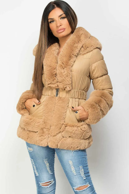 Faux Fur Trim Puffer Hooded Down Jacket With Belt Camel