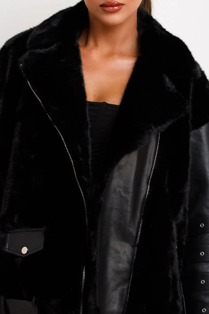 Faux Fur Faux Leather Aviator Jacket With Strap Sleeve Detail Black