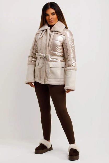 Faux Fur Trim Faux Suede Jacket In Rose Gold