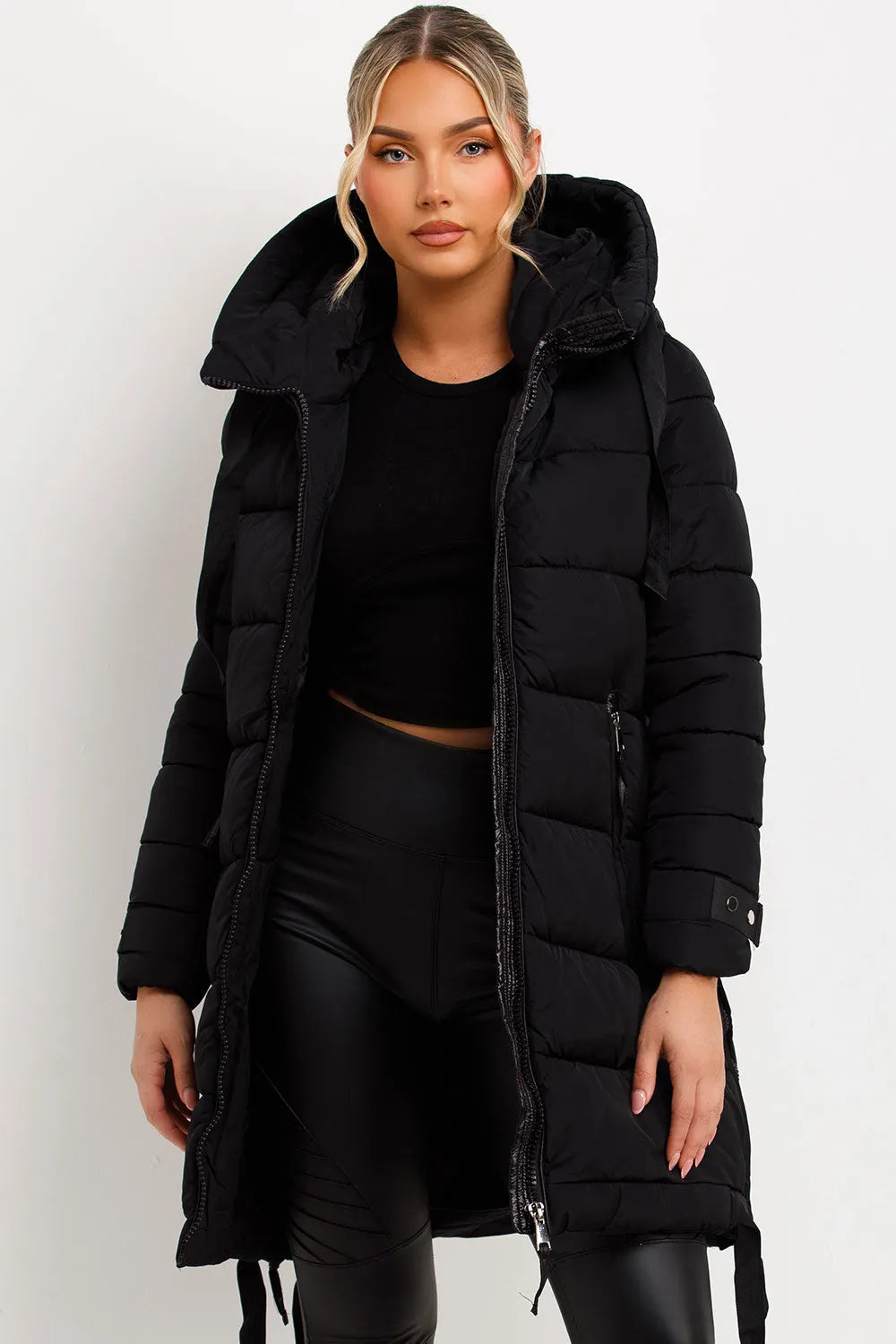 Long Puffer Coat With Hood And Side Straps Black