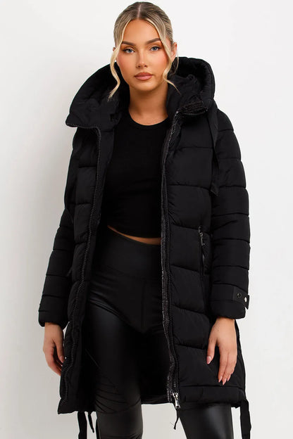 Long Puffer Coat With Hood And Side Straps Black