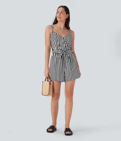 V-neck Snap Belted Stripe Waffle Jumpsuit with Pockets