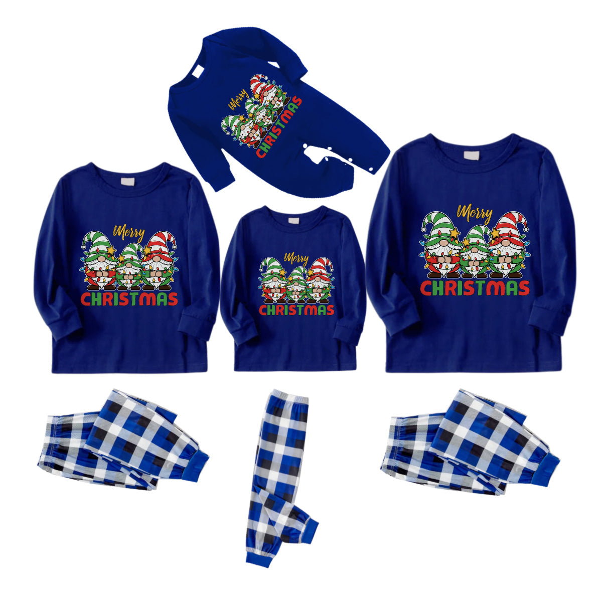 Christmas Family Matching Pajamas-Navy & White Plaid Pjs Set with Gnome and "Merry Christmas" Print