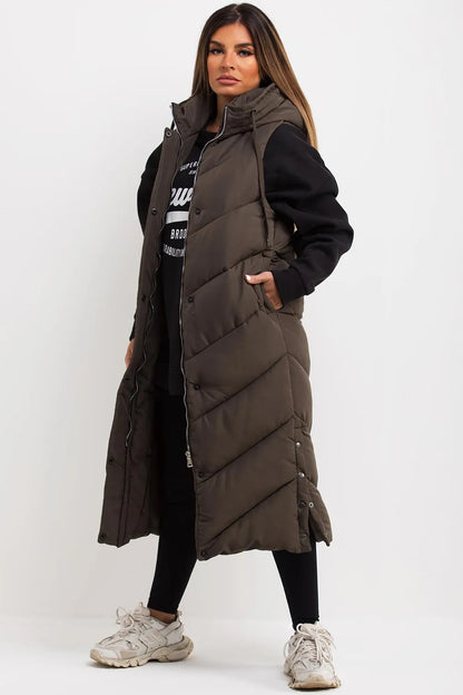 Khaki Long Gilet With Chevron Padded Style