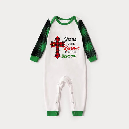 Green Raglan Top Green Plaid Christmas Pajamas Set With "Jesus Is The Reason For The Season" Slogan Print
