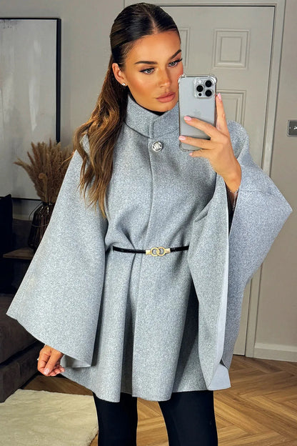 Cape With Belt And Button Grey Poncho