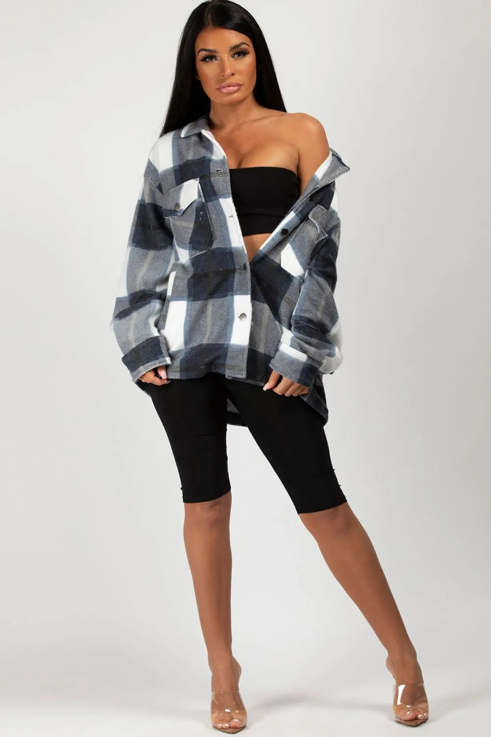 Navy Check Oversized Shacket Shirt Jacket