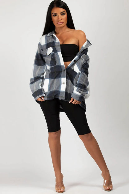 Navy Check Oversized Shacket Shirt Jacket
