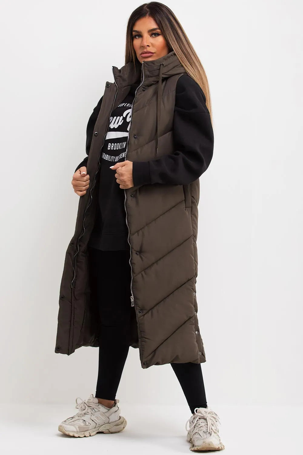 Khaki Long Gilet With Chevron Padded Style