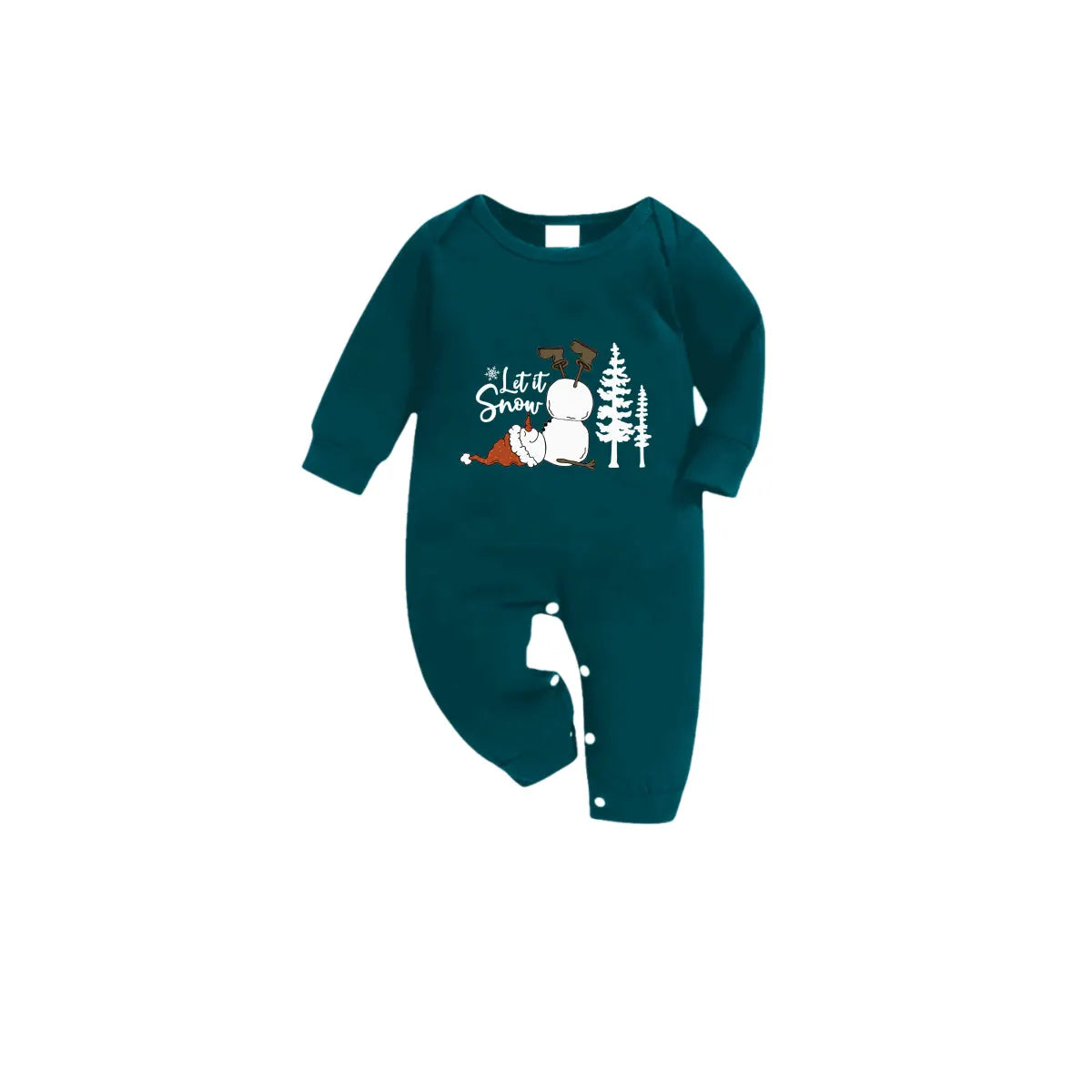 Christmas Family Matching Pajamas-Dark Green&Deer Patterned Pjs Set with Snowman and "Let It Snow" Print