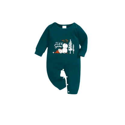 Christmas Family Matching Pajamas-Dark Green&Deer Patterned Pjs Set with Snowman and "Let It Snow" Print