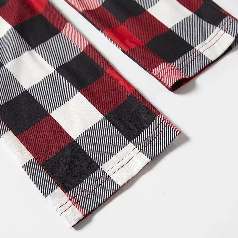 "2025 FNMILY Christmas " White and Red Text Printed Pattern - Black Top with Red&Black&White Plaid Sleeves - Family Matching Pajamas
