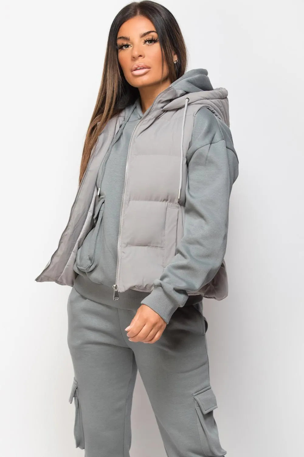 Hooded Padded Gilet Sleeveless Jacket Grey