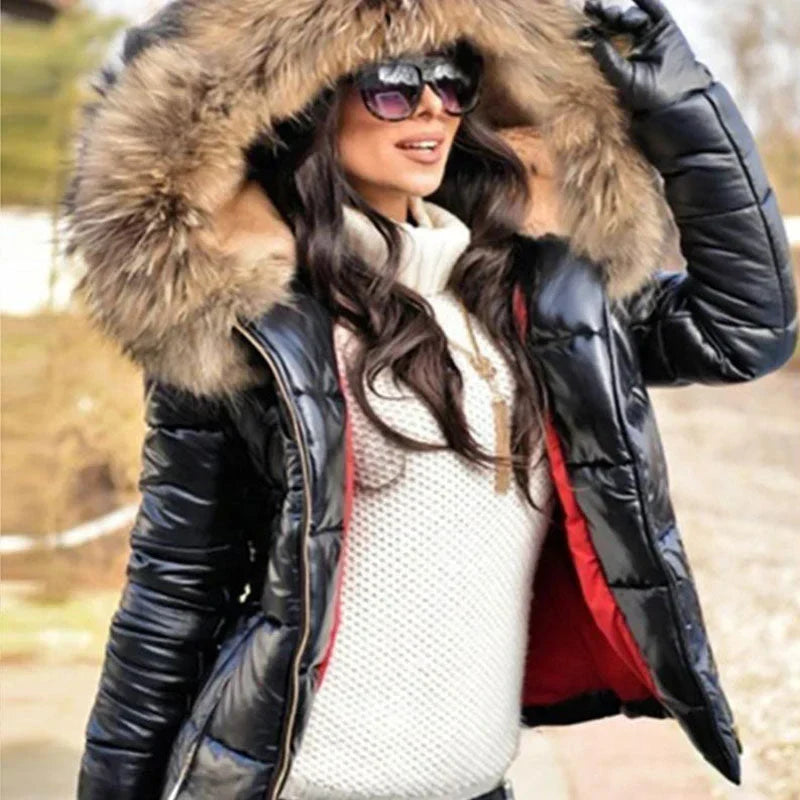 Women's casual warm large fur collar hooded jacket