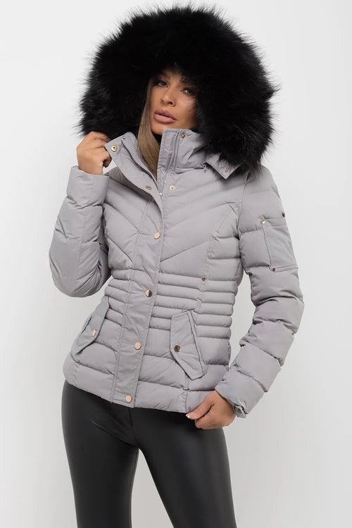 Puffer Coat With Fur Hood Grey
