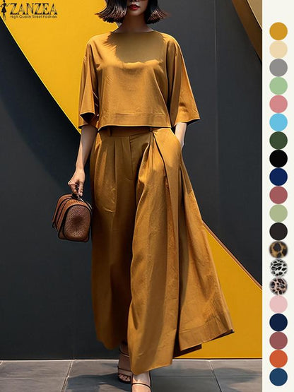 Women's Top & Wide Leg Pants Two-piece Set, Casual Fashion Cozy Three Quarter Length Sleeve Top & Trousers for Daily Outdoor Wear, Ladies Clothes for All Seasons, Womenswear, Casual Matching Set