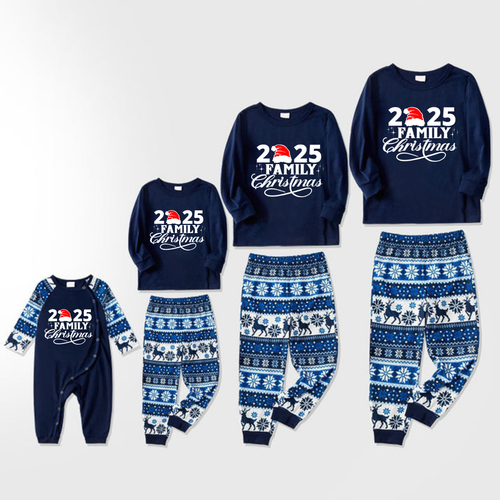 "2025 Family Christmas" Letter Print Blue Family Matching Pajamas Sets