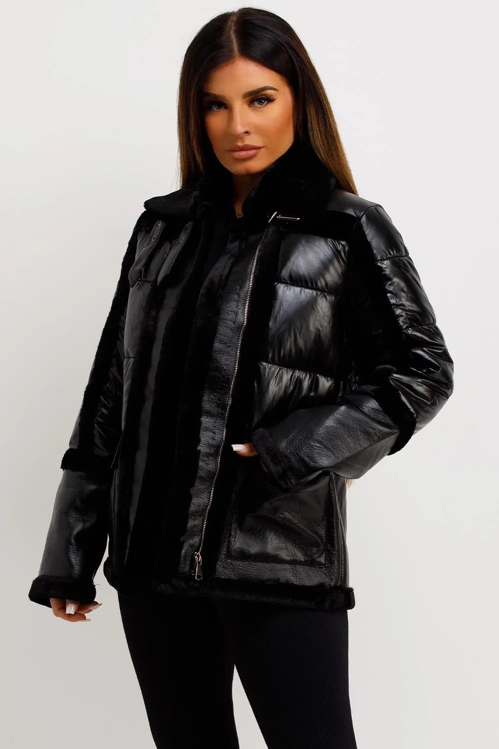 Faux Fur Trim Faux Suede Jacket Black