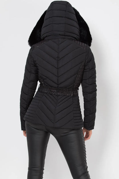 Black Puffer Quilted Jacket With Faux Fur Hood And Belt