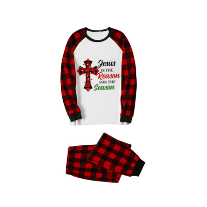 Red and Black Plaid Christmas Pajamas Set With "Jesus Is The Reason For The Season" Slogan Print