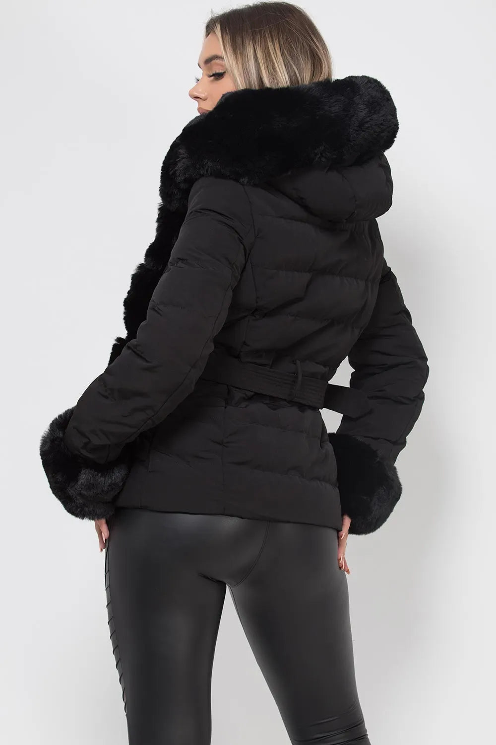 Puffer Jacket With Luxury Faux Fur Hood And Trim Black