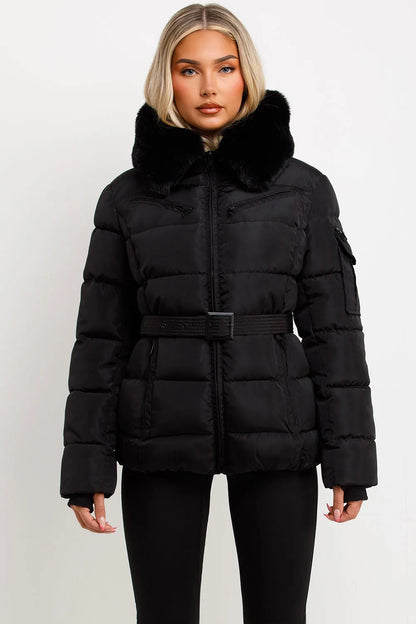 Black Faux Fur Hood Jacket With Belt