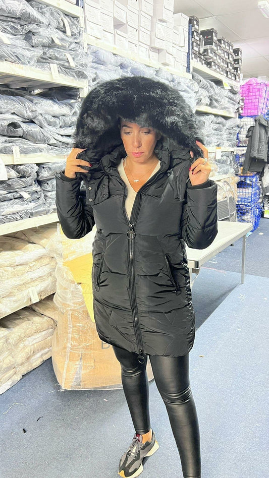 Perrie Black Ring Zip Hooded Puffer Coat